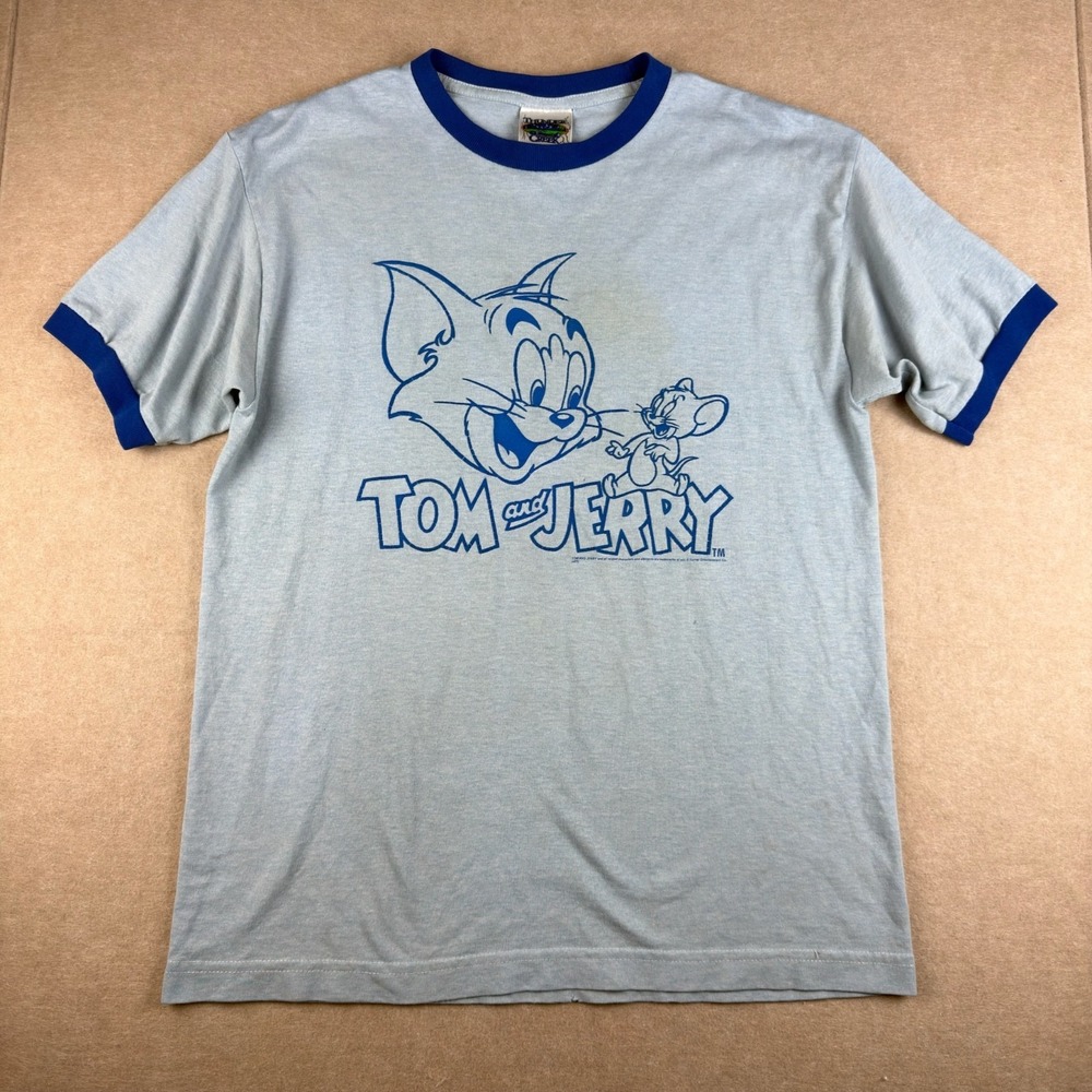 Vintage Tom and Jerry Ringer T-Shirt Mens M Blue‎ Cartoon Thunder Creek USA Made